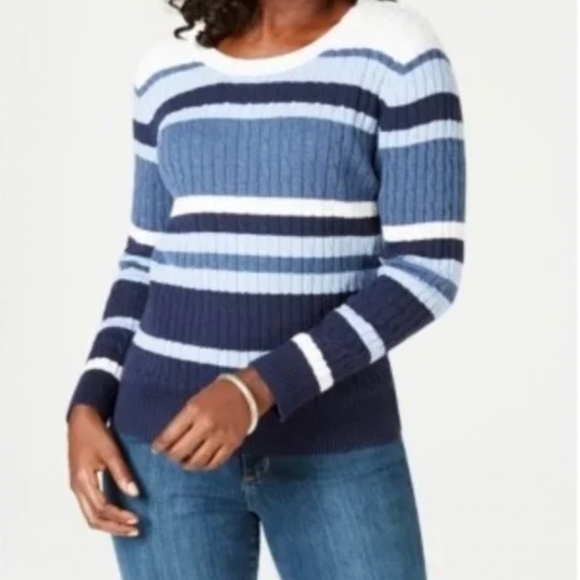 Karen Scott Striped Cotton Cable-Knit Sweater - Picture 1 of 2